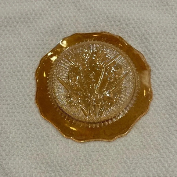 VTG 1960s MCM Jeanette Iris Saucers Depression Carnival Glass Orange 5.5" Plate - Picture 2 of 2